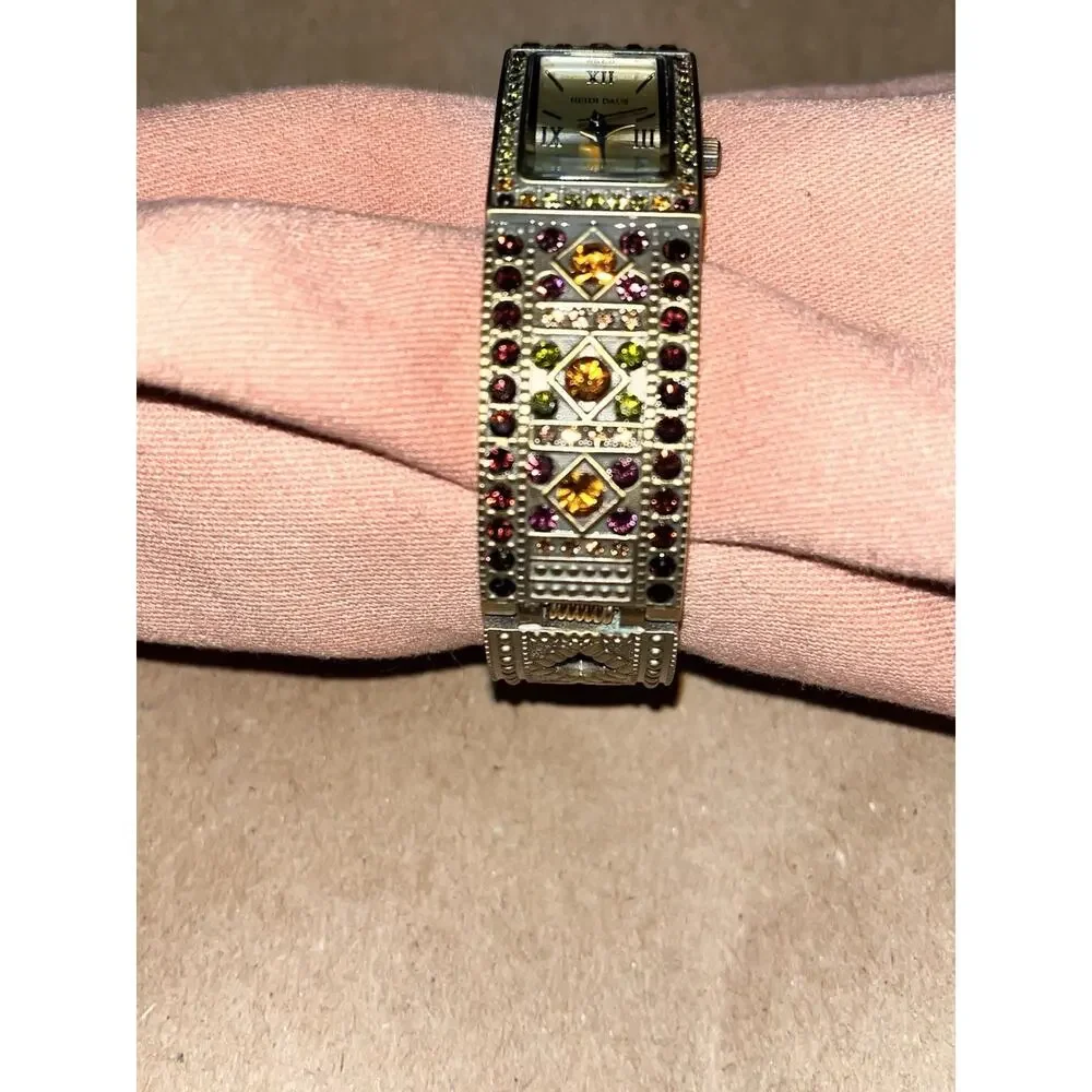 Heidi Daus Double Trouble Bangle Cuff Wrist Watch Swarovski Crystals Brass Tone
